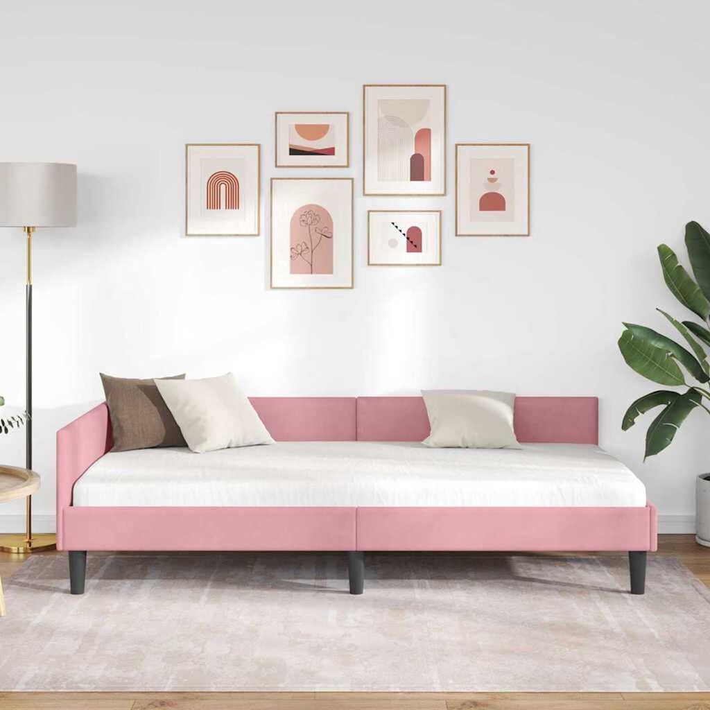 vidaXL Πλαϊνό Κρεβάτι Ροζ 100 x 200 cm Βελούδο και Στιβαρή ξυλεία