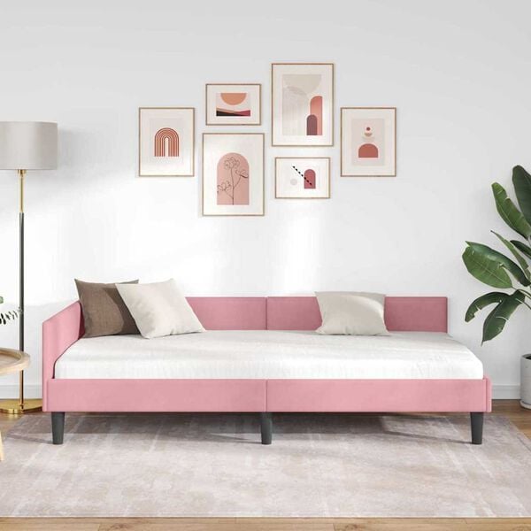 vidaXL Πλαϊνό Κρεβάτι Ροζ 100 x 200 cm Βελούδο και Στιβαρή ξυλεία
