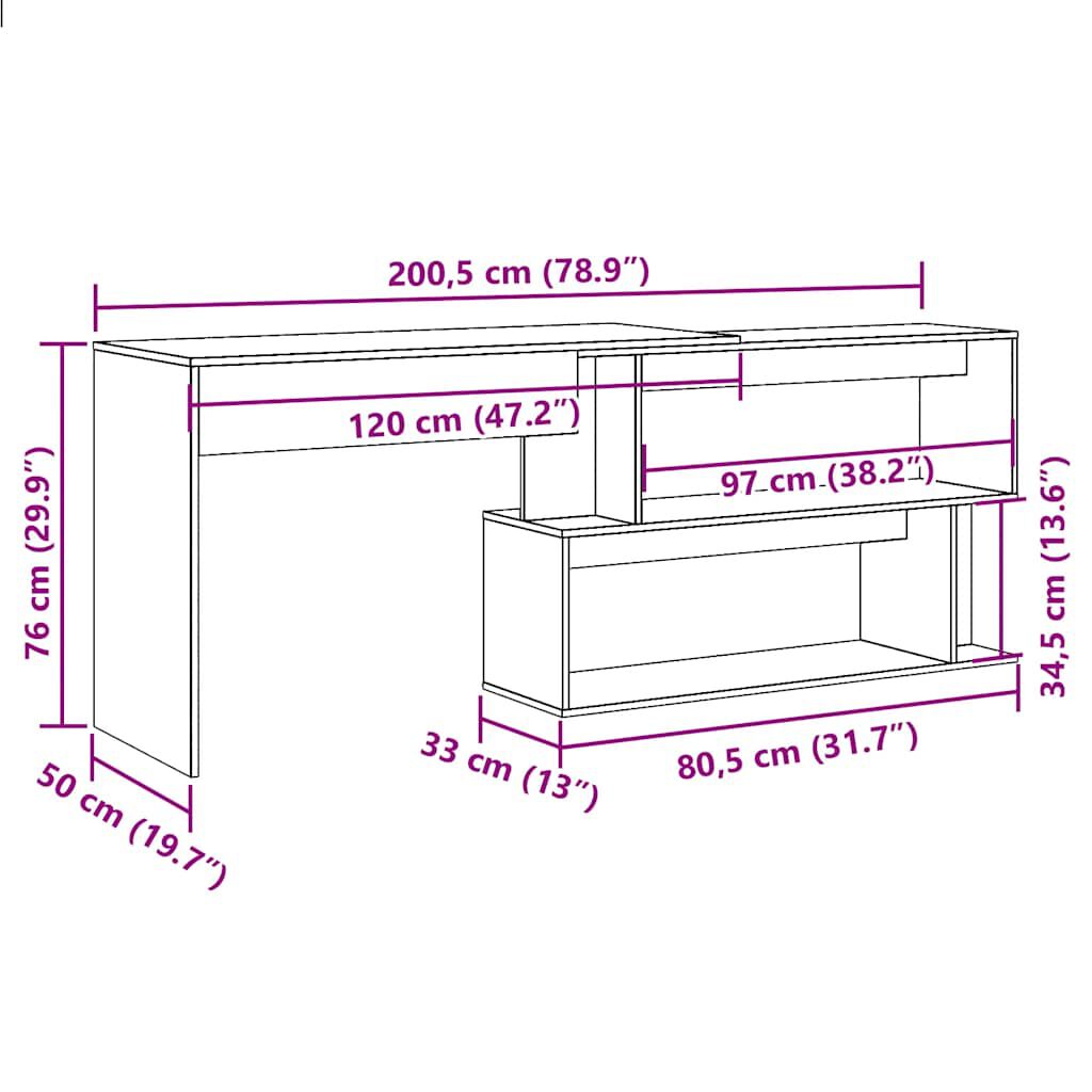vidaXL Γραφείο Γωνιακό Παλιό Ξύλο 200,5x50x76 εκ. Επεξεργασμένο Ξύλο