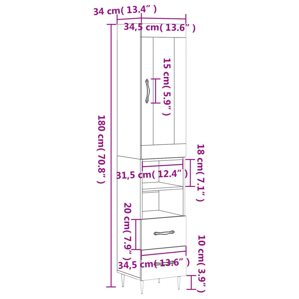 vidaXL Μπουφές Sonoma Γκρι 34,5 x 34 x 180 εκ. από Επεξεργασμένο Ξύλο