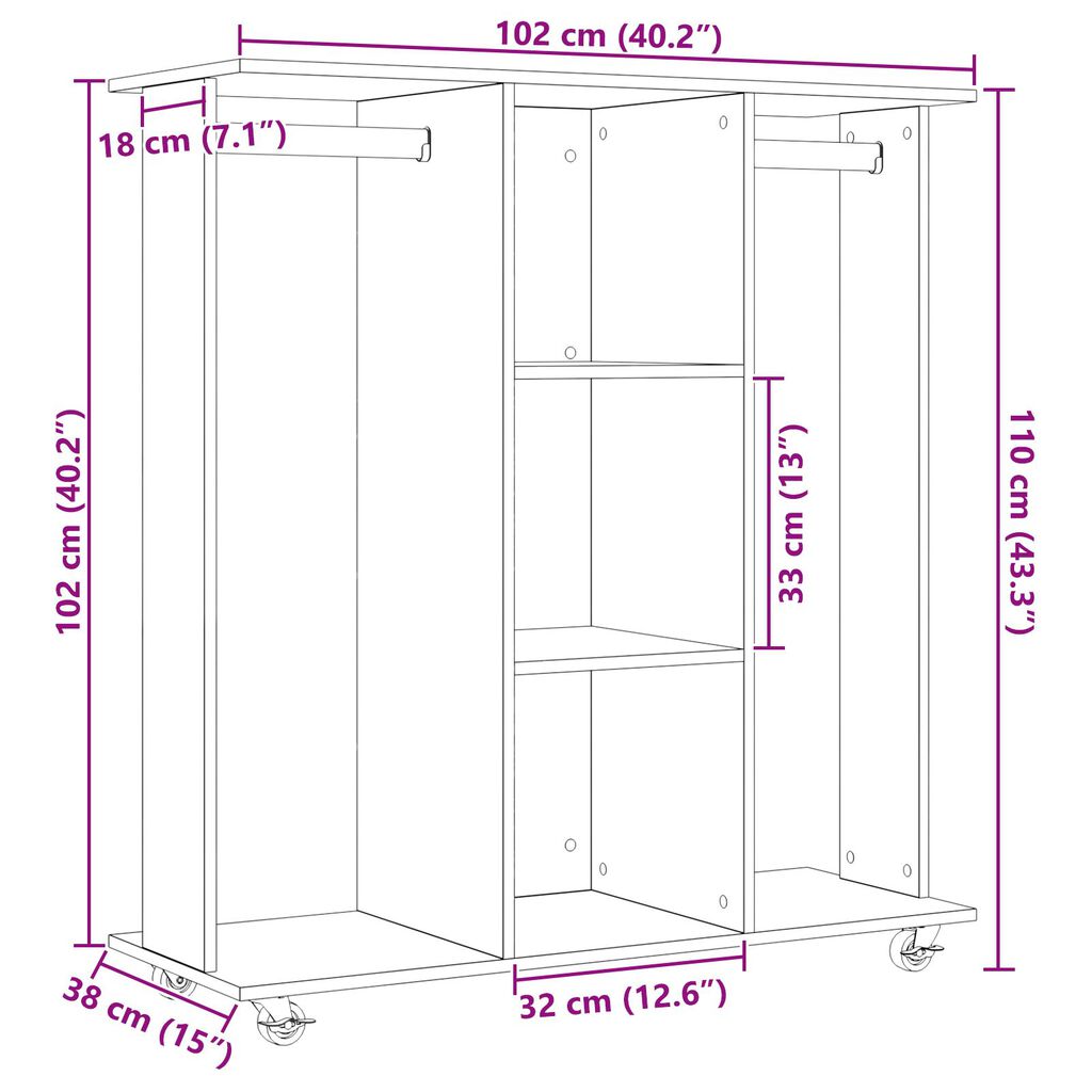 vidaXL Ντουλάπα με Ρόδες Μαύρη Δρυς 102x38x110 εκ Επεξεργασμένο Ξύλο