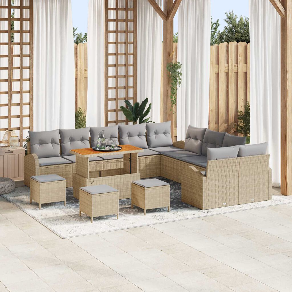 vidaXL Σετ Καναπέ Κήπου με μαξιλάρι 14 pcs Μπεζ Πολυ ράταν
