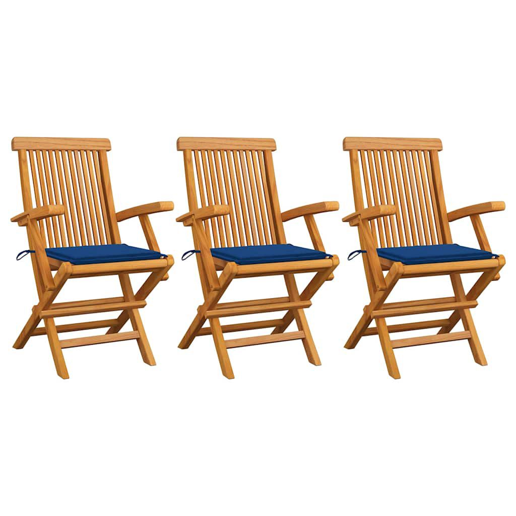 vidaXL Καρέκλες Κήπου 3 τεμ. Μασίφ Ξύλο Teak με Μπλε Ρουά Μαξιλάρια