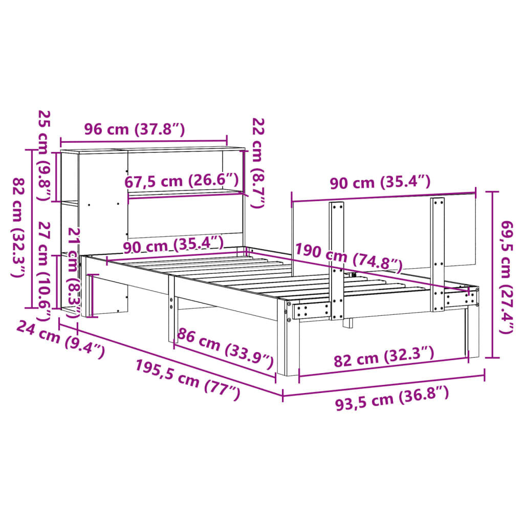 vidaXL Κρεβάτι Βιβλιοθήκη Χωρίς Στρώμα 90x190 εκ Μασίφ Ξύλο Πεύκου