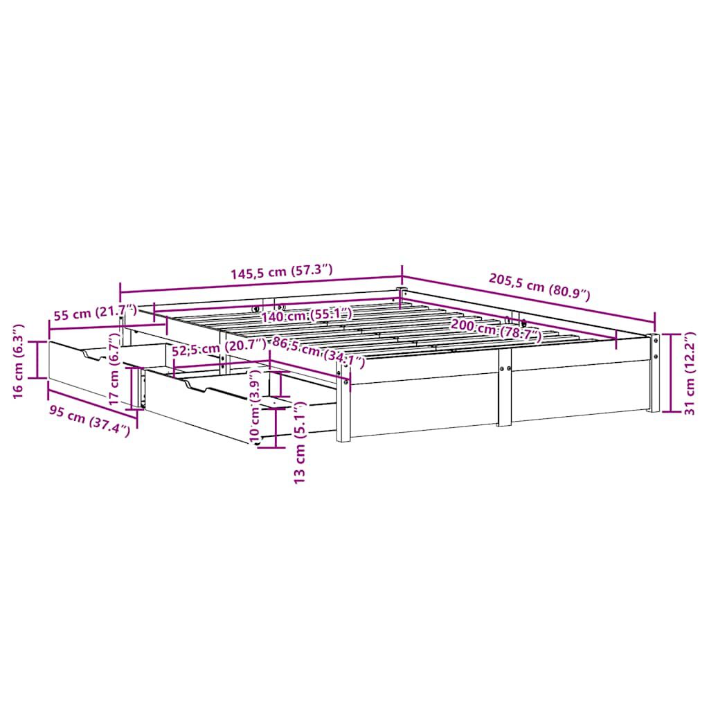 vidaXL Σκελετός Κρεβ. Χωρίς Στρώμα Λευκό 140x200 εκ Μασίφ Πεύκο