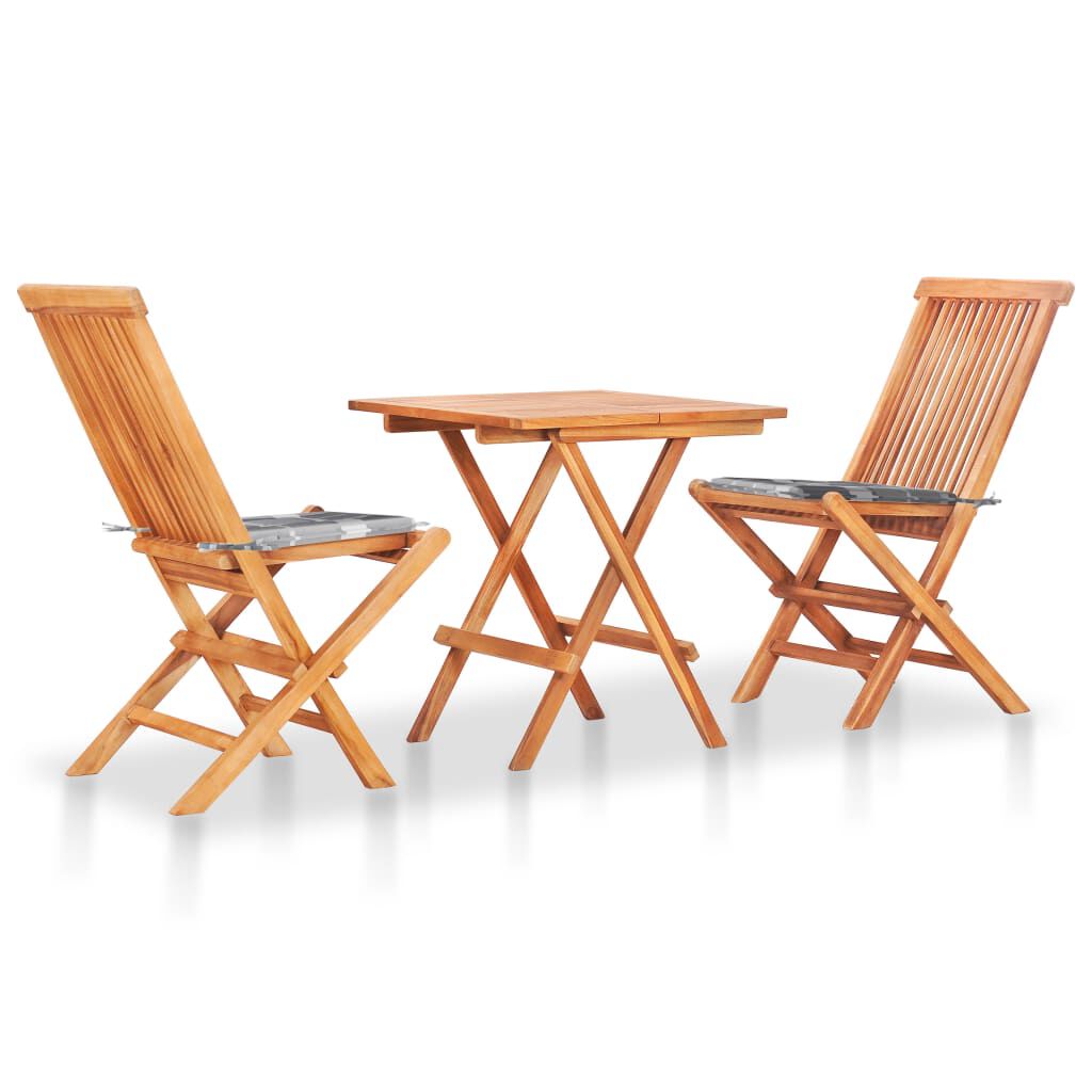vidaXL Σετ Επίπλων Mπιστρό 3 τεμ Μασίφ Ξύλο Teak & Γκρι Καρό Μαξιλάρια