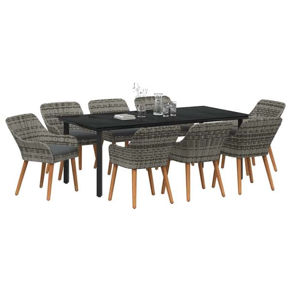 vidaXL Σέτ φαγητού για κήπο με μαξιλάρι 9 pcs Γκρι συνθετικό ρατάν