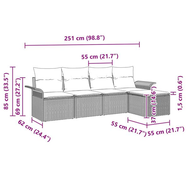 vidaXL Σετ Καναπέ Κήπου με μαξιλάρι 5 pcs Καφέ Πολυ ράταν