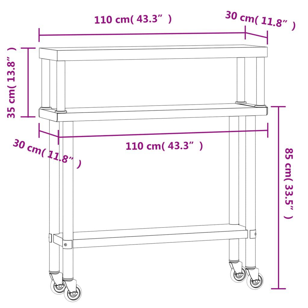 vidaXL Πάγκος Εργασίας Κουζίνας με Ράφι 110x30x120 εκ. Ανοξείδ. Ατσάλι