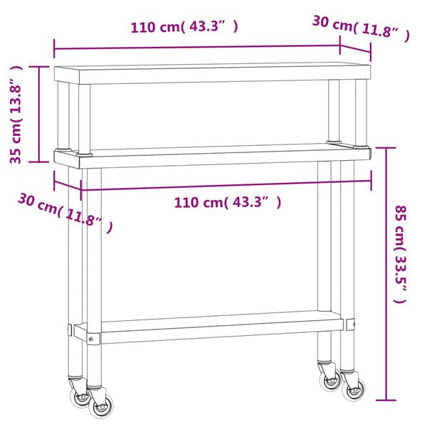 vidaXL Πάγκος Εργασίας Κουζίνας με Ράφι 110x30x120 εκ. Ανοξείδ. Ατσάλι