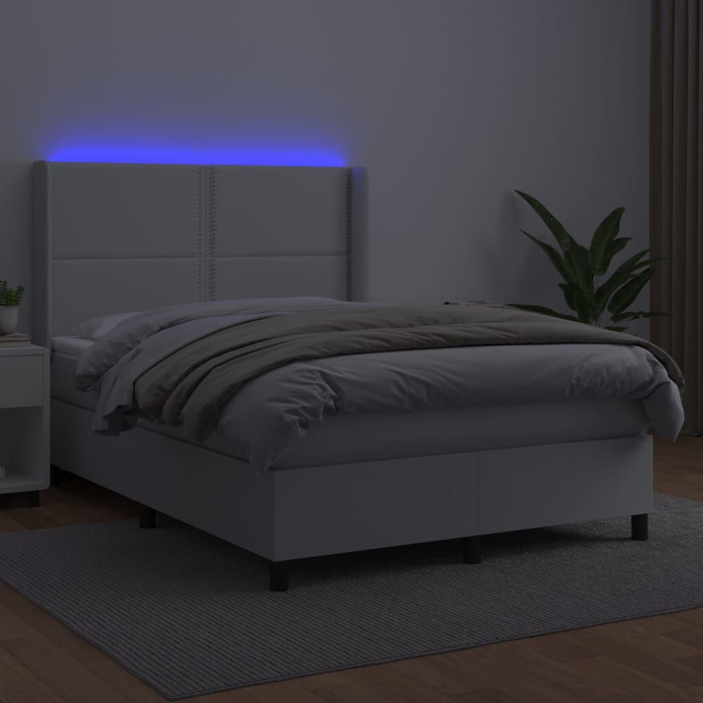 vidaXL Κρεβάτι Boxspring με Στρώμα & LED Λευκό 140x190 εκ. Συνθ. Δέρμα