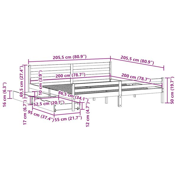 vidaXL Σκελετός Κρεβατιού Χωρίς Στρώμα 200x200 εκ Μασίφ Ξύλο Πεύκου
