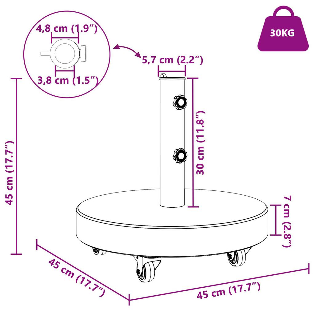 vidaXL Βάση Ομπρέλας με Ρόδες για Πόλους Ø38/48mm Μαύρη Γρανίτη 30 kg Στρογγυλή