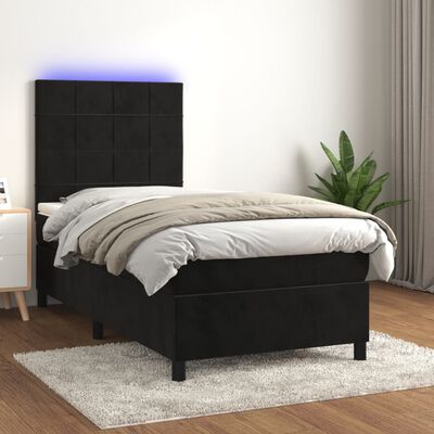 vidaXL Κρεβάτι Boxspring με Στρώμα & LED Μαύρο 100x200 εκ. Βελούδινο