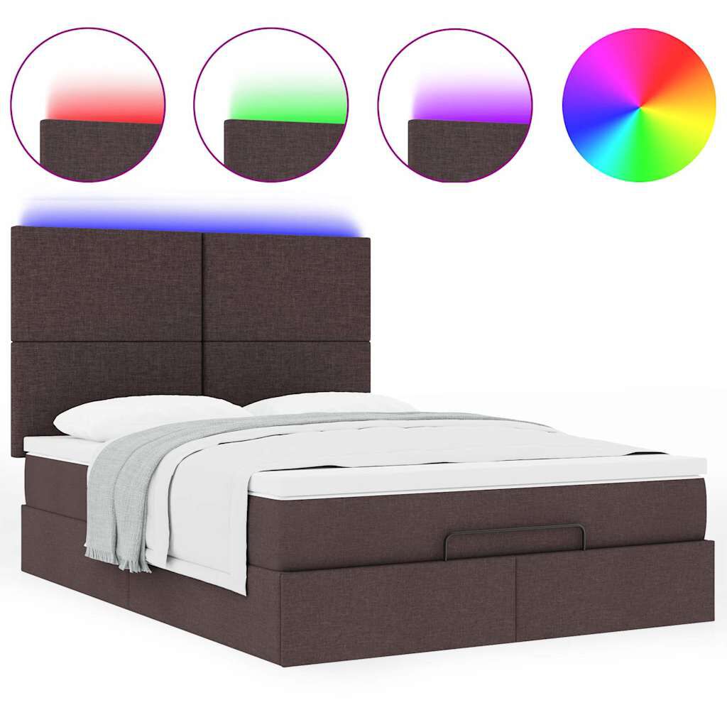 vidaXL Οθωμανικό κρεβάτι με στρώμα & LEDs Σκούρο καφέ 140x190cm Ύφασμα