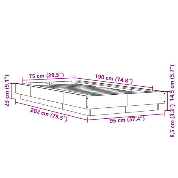 vidaXL Πλαίσιο Κρεβατιού Γκρι Σκυροδέματος 75 x 190 εκ. Επεξεργ. Ξύλο