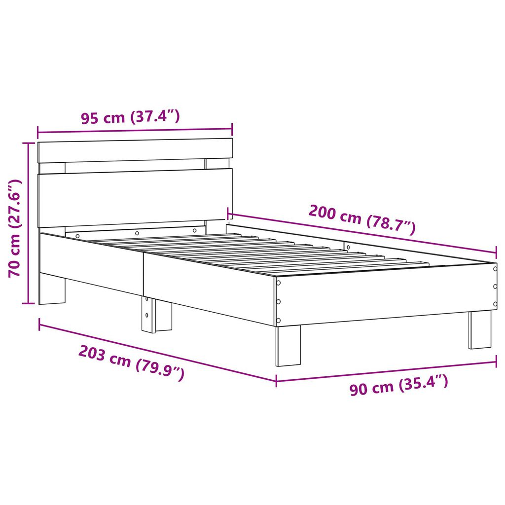 vidaXL Κρεβάτι με LED Φώτα Παλιού Ξύλου 90x200 εκ. Κατασκευασμένο Ξύλο