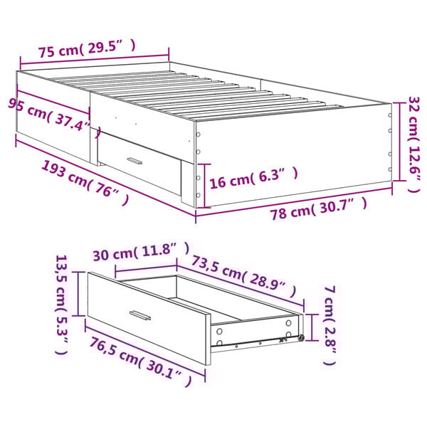 vidaXL Πλαίσιο Κρεβατιού με Συρτάρια Μαύρο 75x190εκ Επεξεργασμένο Ξύλο