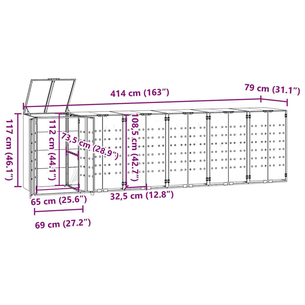 vidaXL Πλαίσιο Κάδων Απορριμμάτων 6 Κάδοι Γκρι 414x79x117 εκ. Ατσάλι