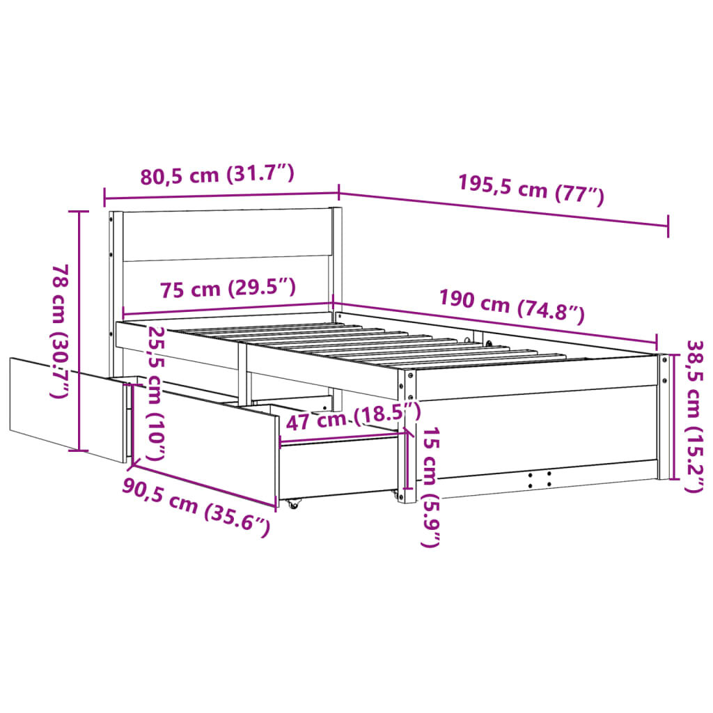 vidaXL Σκελετός Κρεβ. Χωρίς Στρώμα Λευκό 75x190 εκ Μασίφ Πεύκο