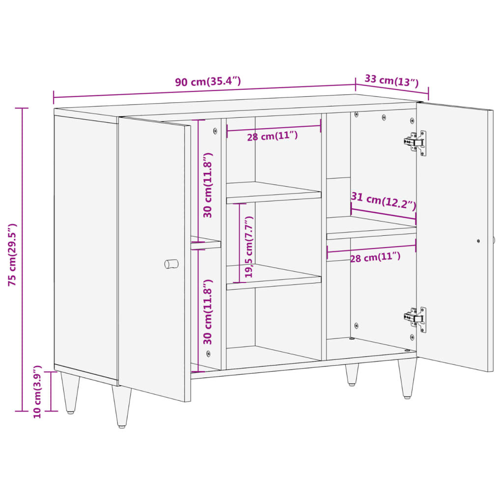 vidaXL Βοηθητικό Ντουλάπι 90 x 33 x 75 εκ. από Μασίφ Ξύλο Μάνγκο