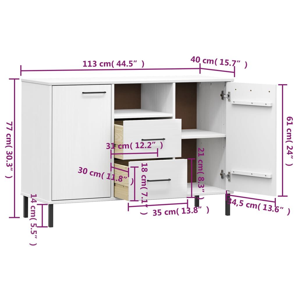 vidaXL Ντουλάπι OSLO Λευκό 113x40x77 εκ. Μασίφ Ξύλο με Μετ. Πόδια