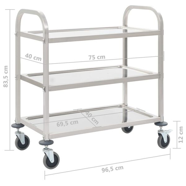 vidaXL Τρόλεϊ Κουζίνας με 3 Ράφια 95x45x83,5 εκ. από Ανοξείδωτο Ατσάλι