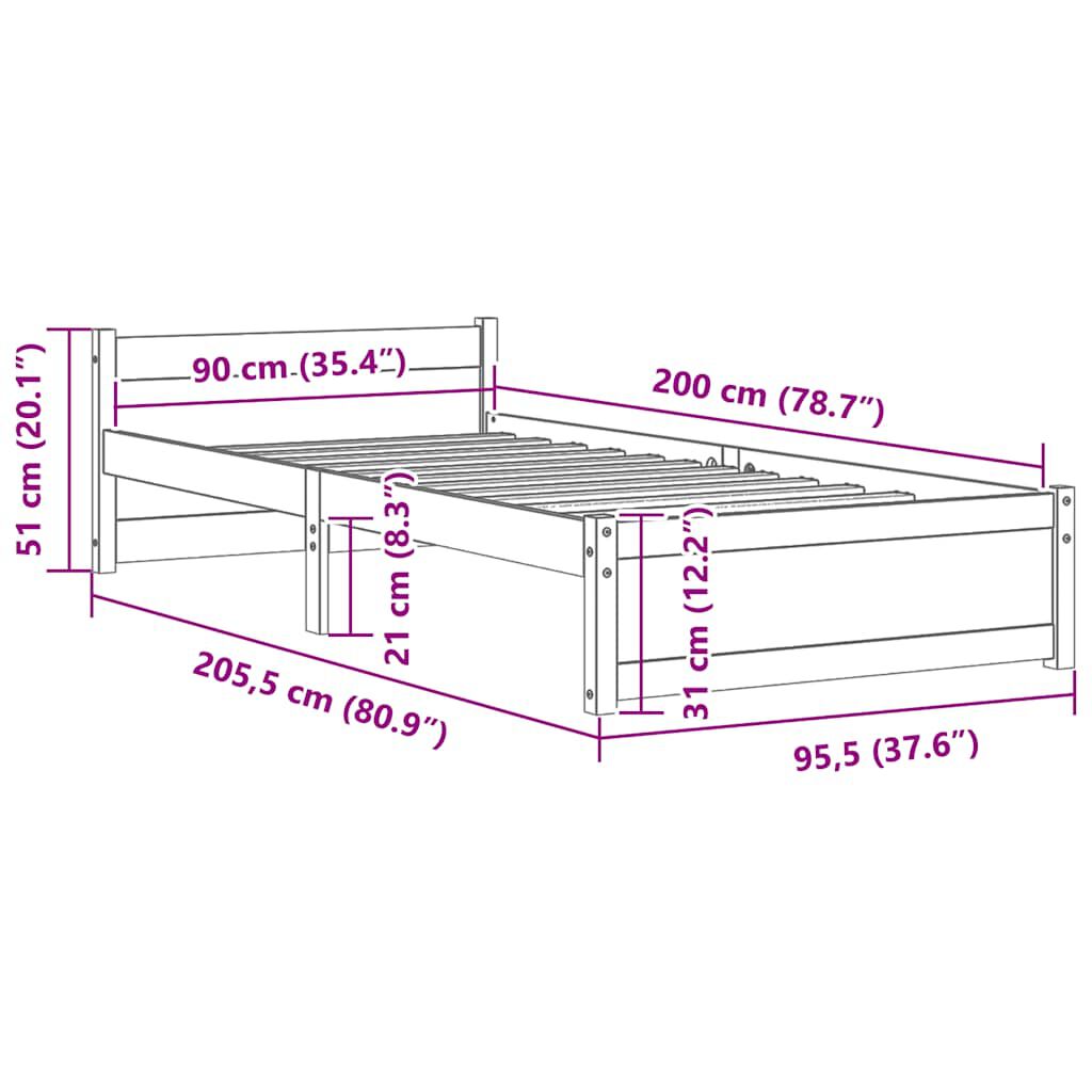 vidaXL Πλαίσιο Κρεβατιού 90 x 200 εκ. από Μασίφ Ξύλο