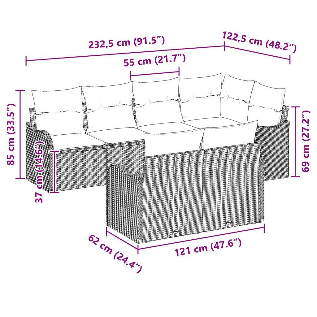 vidaXL Σετ Καναπέ Κήπου με μαξιλάρι 7 pcs Γκρι Πολυ ράταν