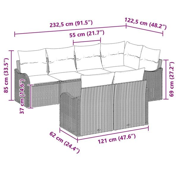 vidaXL Σετ Καναπέ Κήπου με μαξιλάρι 7 pcs Γκρι Πολυ ράταν