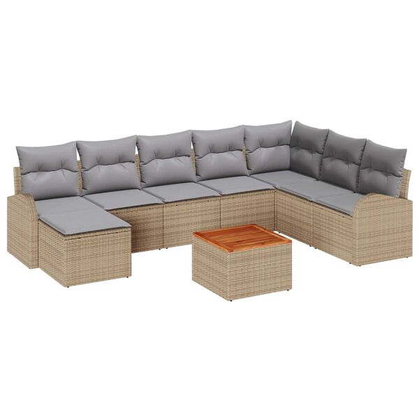 vidaXL Σετ Καναπέ Κήπου με μαξιλάρι 9 pcs Μπεζ Πολυ ράταν