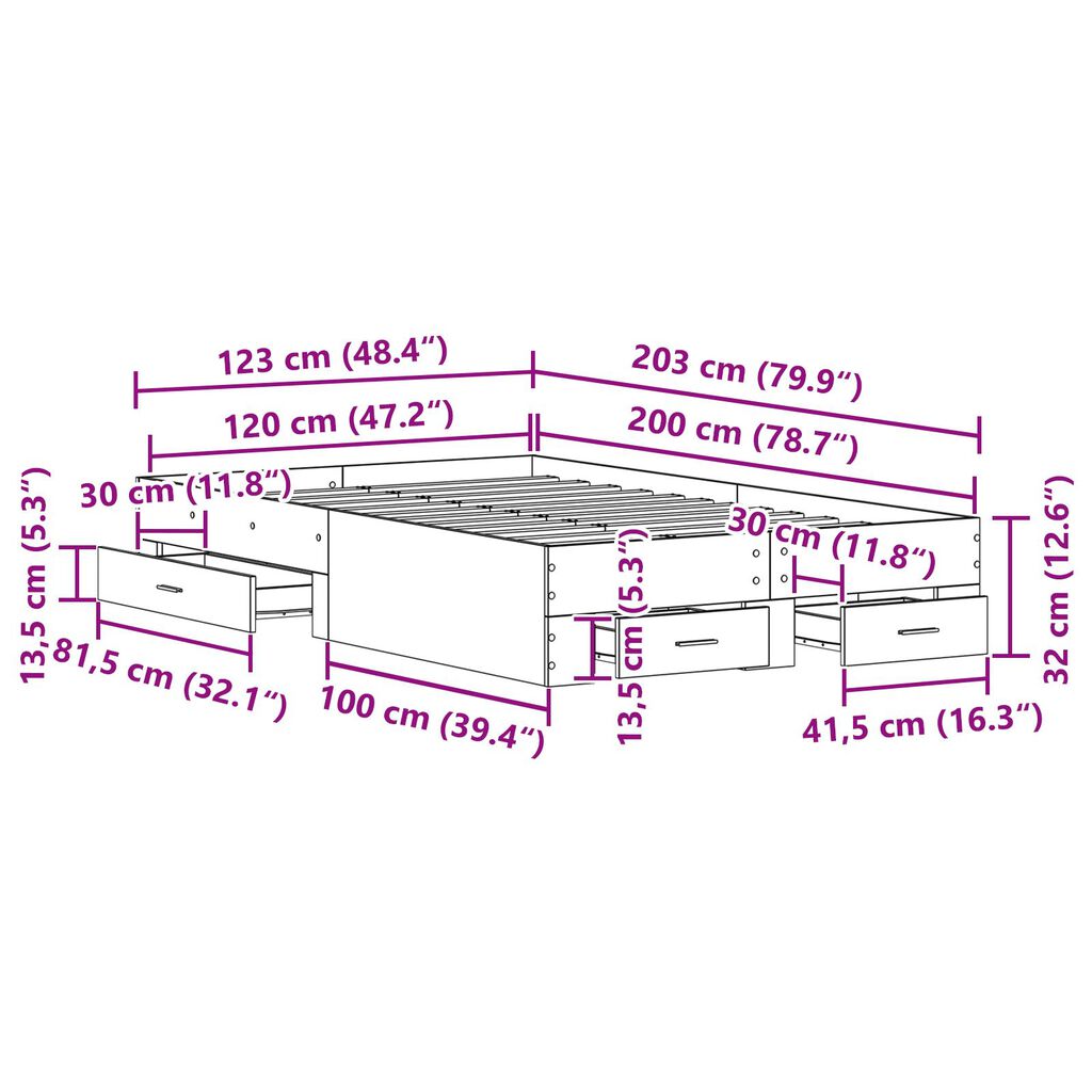 vidaXL Κρεβάτι με Συρτάρια από Δρυς 120x200 cm Επεξεργασμένο Ξύλο