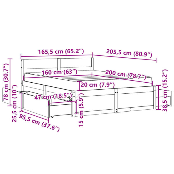 vidaXL Κρεβάτι με Συρτάρια+Στρώμα Καφέ 160x200 εκ. Μασίφ Ξύλο Πεύκου