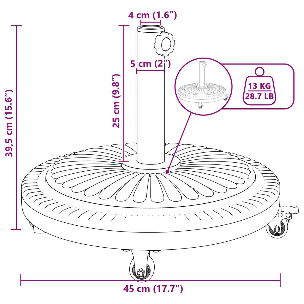 vidaXL Βάση Παράσολου με Ρόδες για Πόλους Ø38-48 mm 13 kg Στρογγυλή