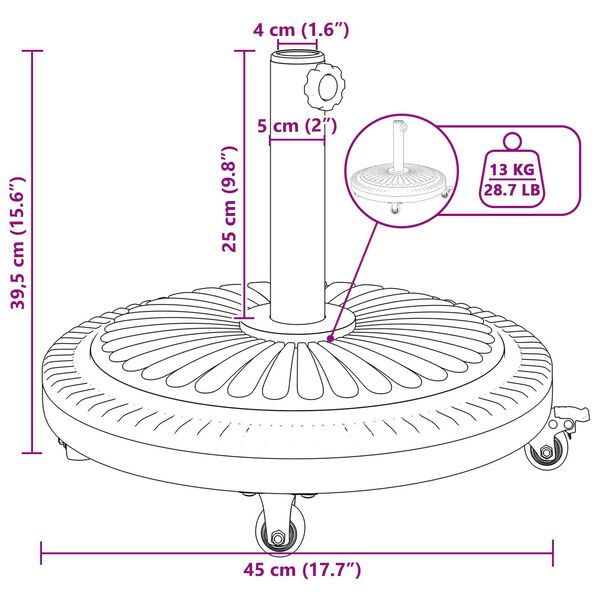 vidaXL Βάση Παράσολου με Ρόδες για Πόλους Ø38-48 mm 13 kg Στρογγυλή