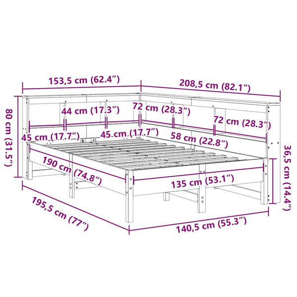 vidaXL Κρεβάτι Βιβλιοθήκη Χωρίς Στρώμα Λευκό 135x190 εκ Μασίφ Πεύκο