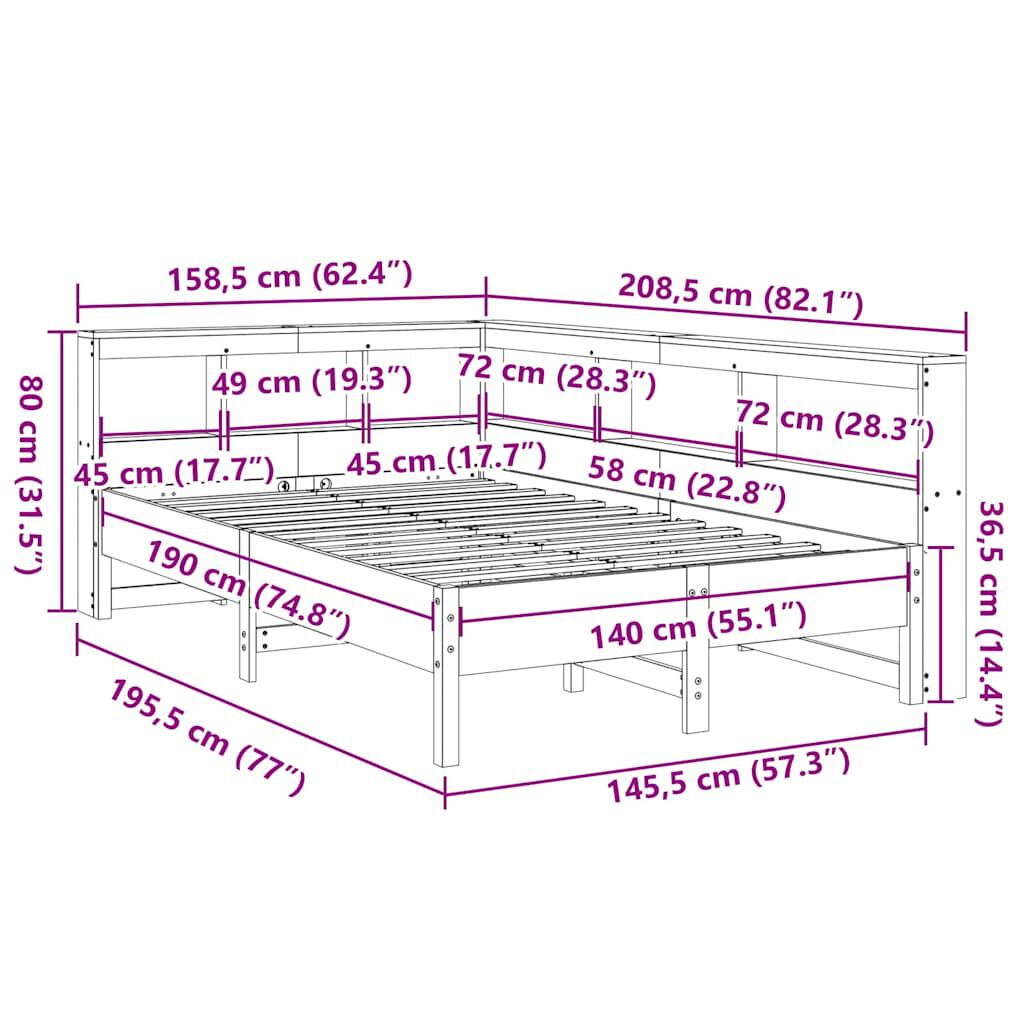 vidaXL Κρεβάτι Βιβλιοθήκη Χωρίς Στρώμα 140x190 εκ Μασίφ Ξύλο Πεύκου
