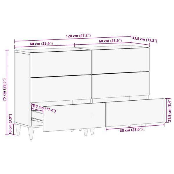 vidaXL Sideboards 2 τεμάχια ανοιχτό γκρι 60x33,5x75cm μασίφ ξύλο Mango