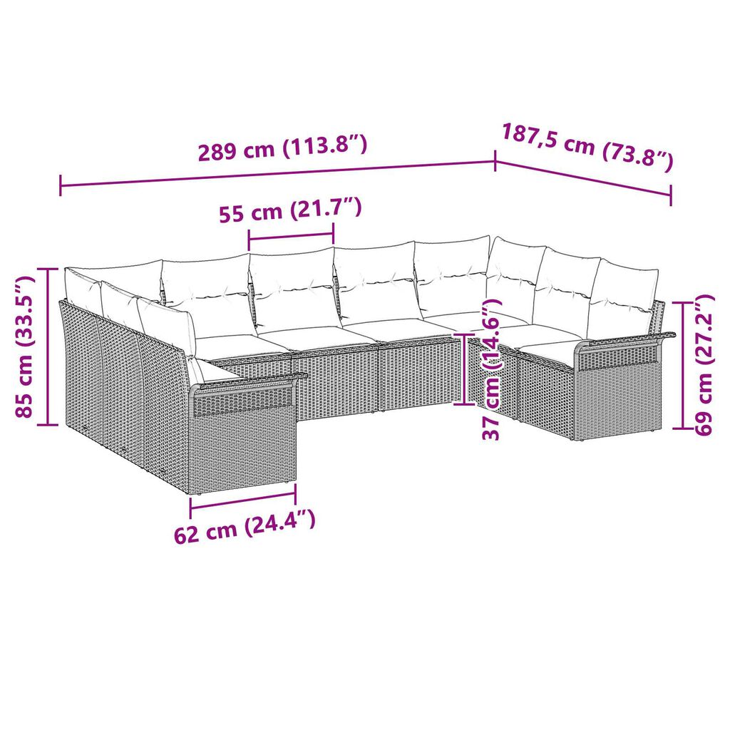 vidaXL Σετ Καναπέ Κήπου με μαξιλάρι 9 pcs Μπεζ Πολυ ράταν