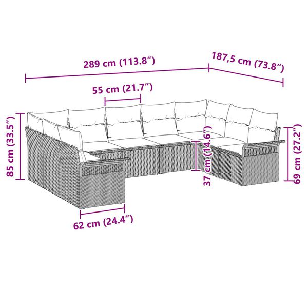 vidaXL Σετ Καναπέ Κήπου με μαξιλάρι 9 pcs Μπεζ Πολυ ράταν