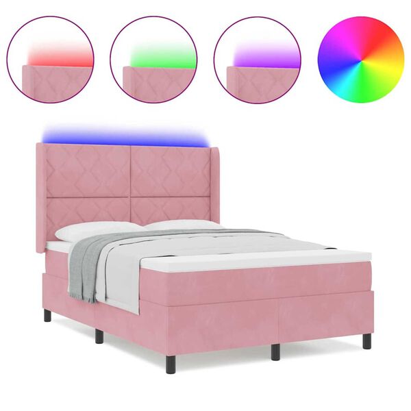 vidaXL Κρεβάτι Box Spring LED με Στρώμα Ροζ 140 x 200 cm Βελούδο