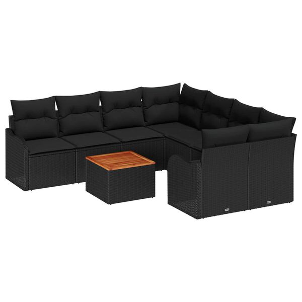 vidaXL Σετ Σοφάκι Κήπου 9 pcs Μαύρο Μεγάλο Ρατάν, Ξύλο