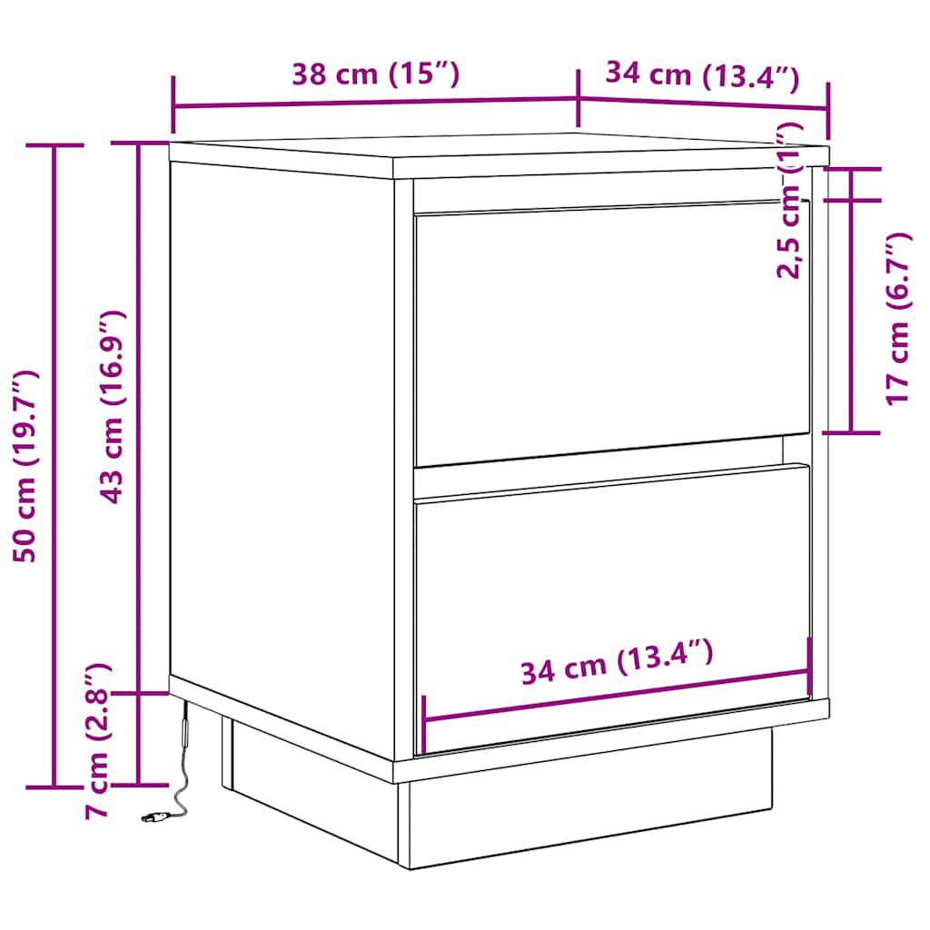 vidaXL Κομοδίνο με φώτα LED Παλιό ξύλο 38x34x50 cm