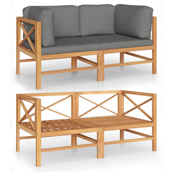vidaXL Καναπές Κήπου Διθέσιος από Μασίφ Ξύλο Teak με Γκρι Μαξιλάρια