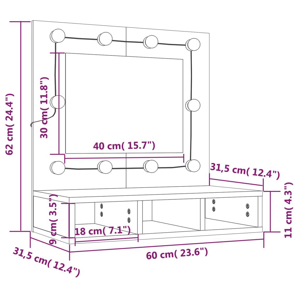 vidaXL Έπιπλο Καθρέφτη με LED Μαύρο 60 x 31,5 x 62 εκ.