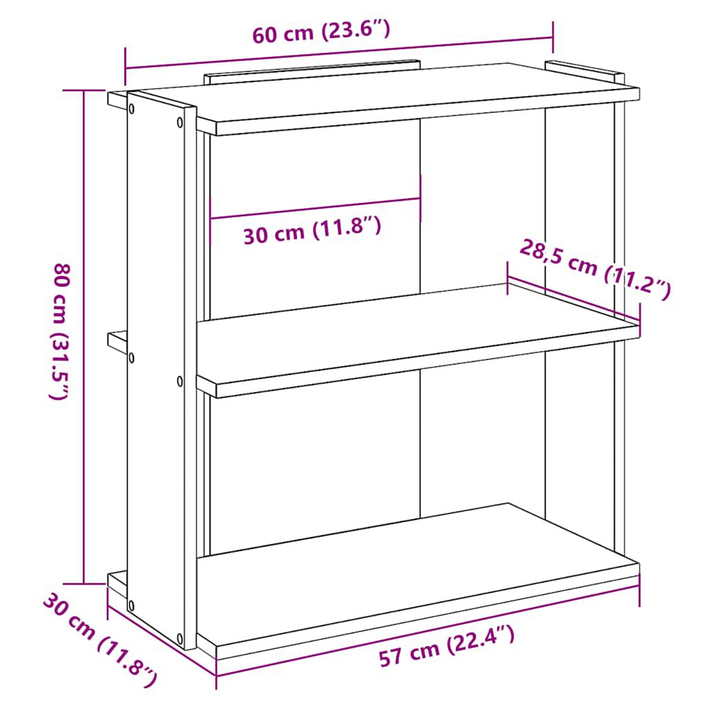 vidaXL Βιβλιοθήκη 3 επιπέδων Παλιό Ξύλο 60x30x80 cm Ξύλινη κατασκευή