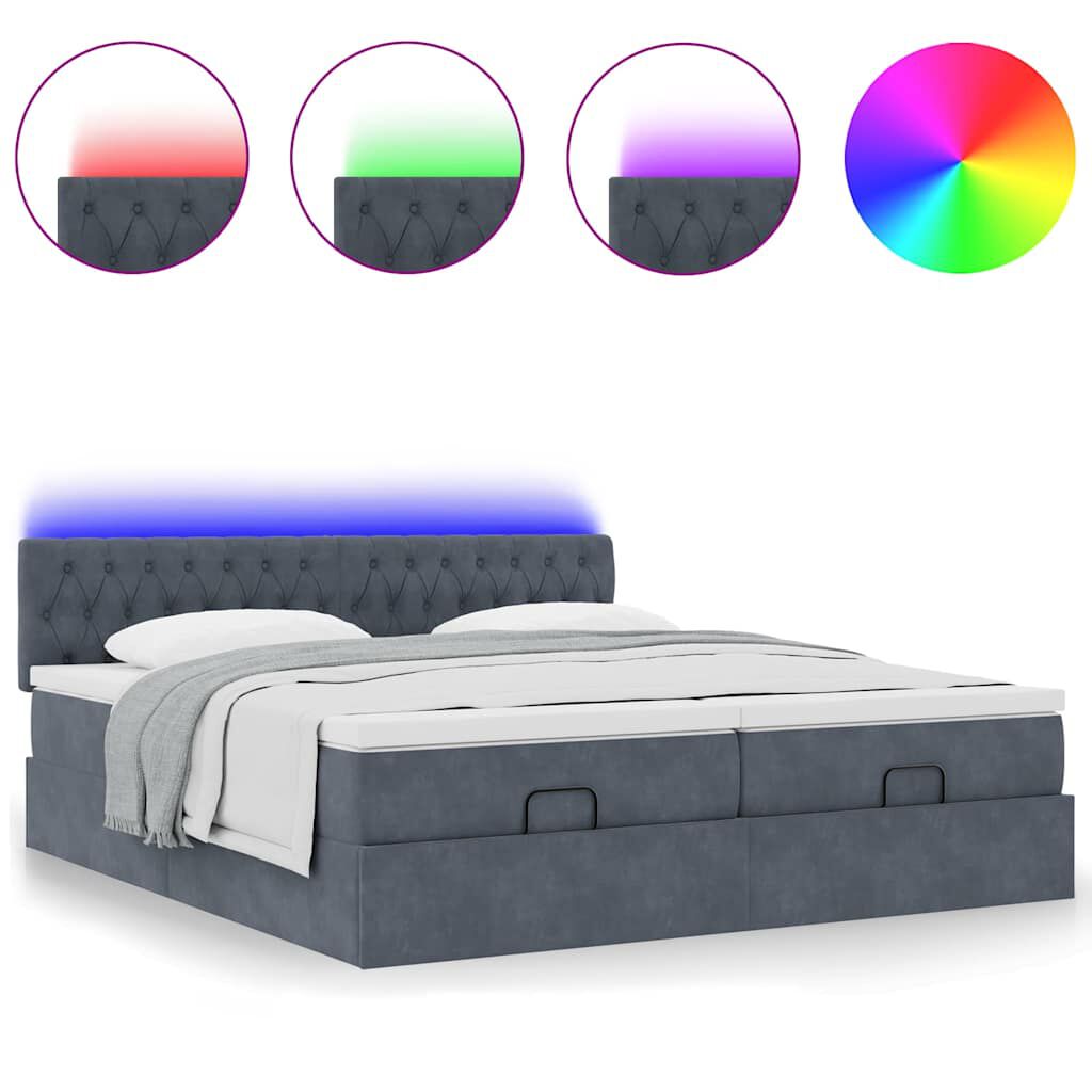 vidaXL Οθωμανικό κρεβάτι με στρώματα & LEDs Σκούρο γκρι Βελούδο