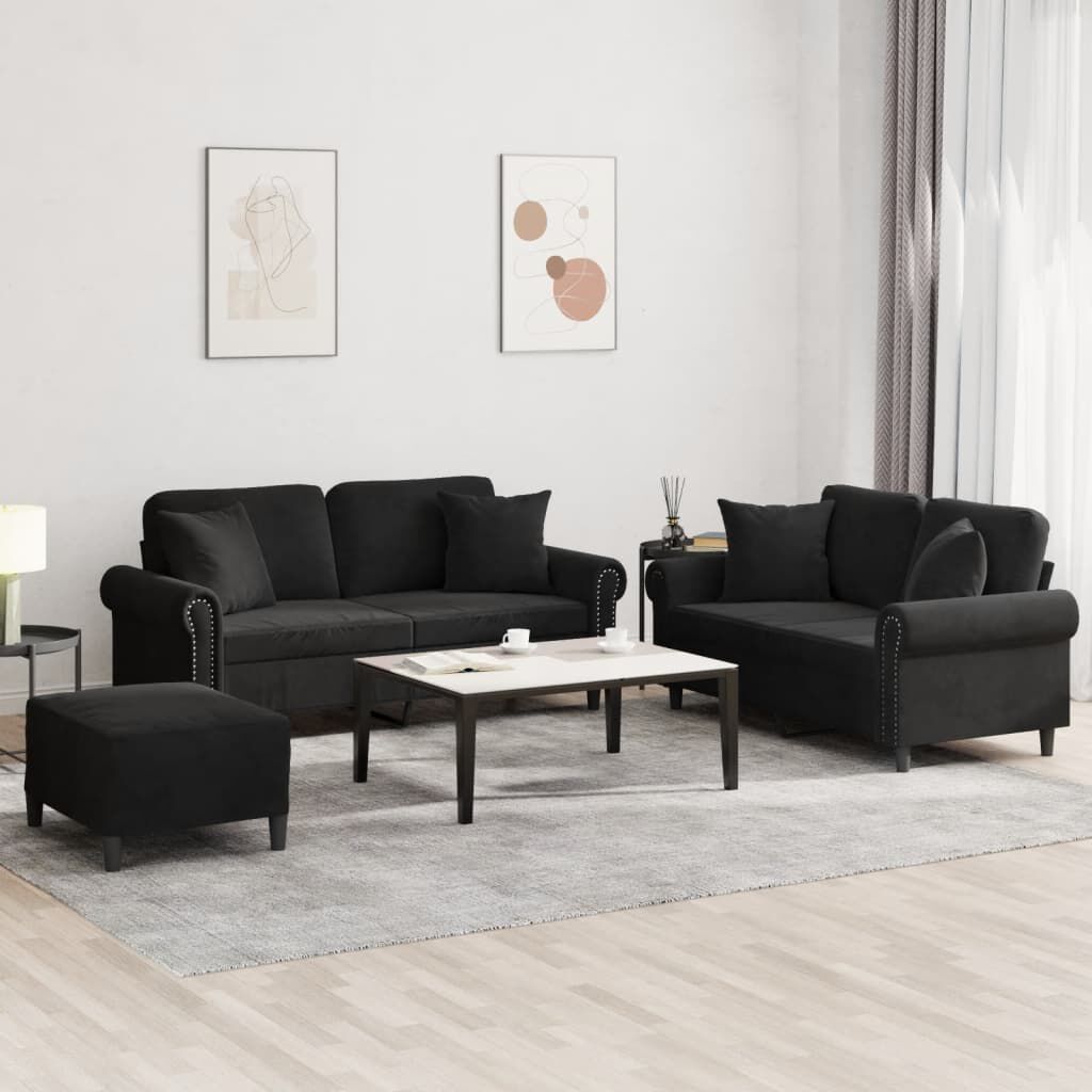 vidaXL Σετ Σαλονιού 3 Τεμαχίων Μαύρο Βελούδινο με Μαξιλάρια