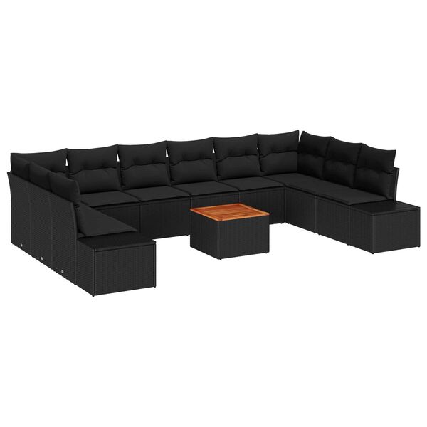 vidaXL Σετ Καναπέ Κήπου 11 pcs Μαύρο Ψάθα, Υφασμάτινα υλικά