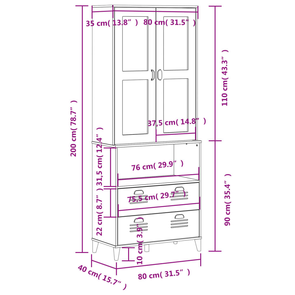 vidaXL Ντουλάπι Ψηλό VIKEN Μαύρος 80x40x200 εκ. από Μασίφ Ξύλο Πεύκου